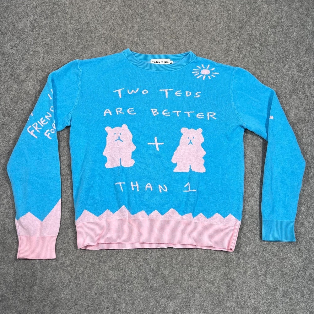 Teddy Fresh Blue & Pink Teddy Bear Friends Forever Sweater Men's Size Medium